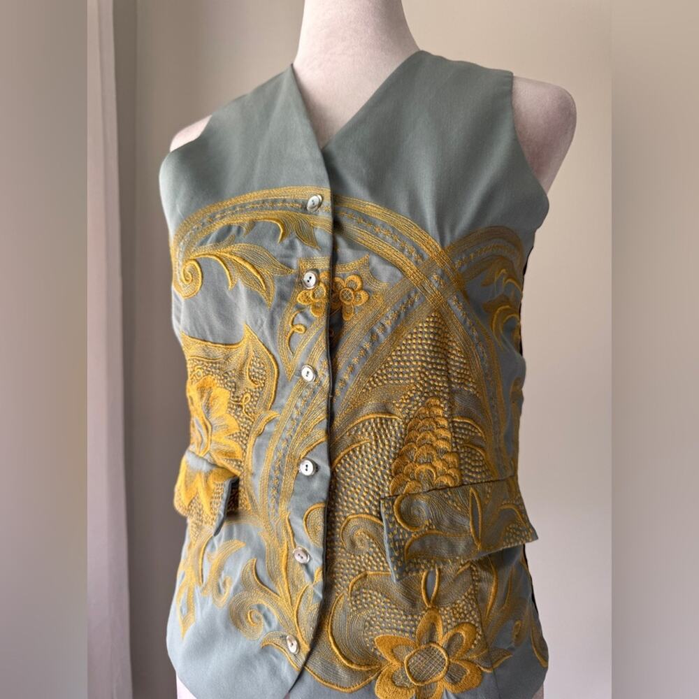 Soda Original Dusk Blue & Gold Embroidered V-Neck Button Down Vest